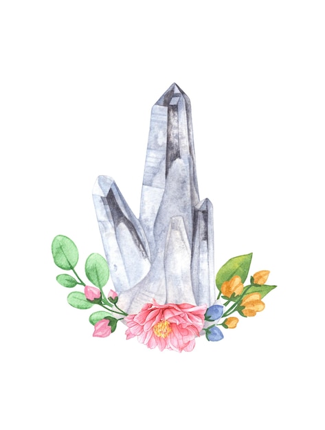 Beau quartz clair aquarelle avec des fleurs sur blanc