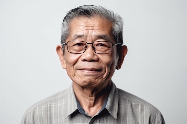 Beau et réaliste portrait d'un homme asiatique âgé souriant et regardant la caméra isolé sur fond blanc se sentant concept heureux