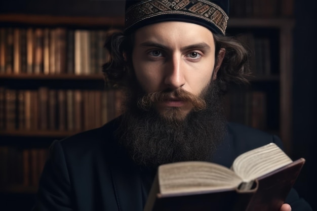 Beau et réaliste portrait jusqu'à la taille d'un homme juif barbu portant une kippah et regardant la caméra tenant un espace de copie de livre