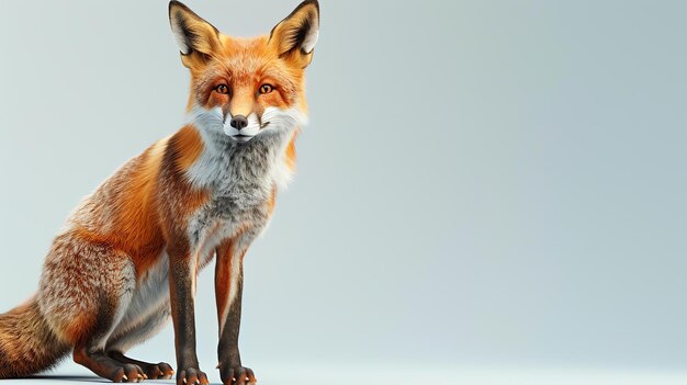 Un beau renard rouge est assis sur un fond blanc Le renard regarde la caméra avec une expression curieuse