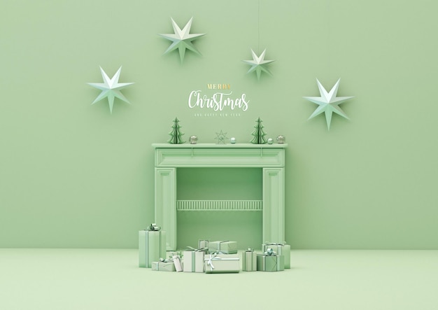 Un beau salon décoré d'une cheminée vert pastel, coffret cadeau pour fond de Noël