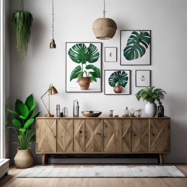 Beau salon design d'intérieur élégant avec commode rétro en bois