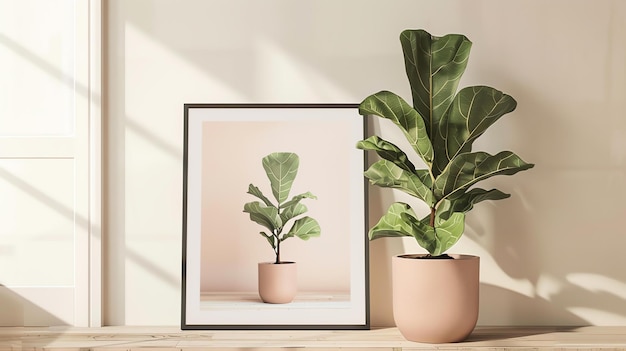 Un beau salon avec une grande plante en pot dans le coin La plante a de grandes feuilles vertes et est assise dans un pot rose