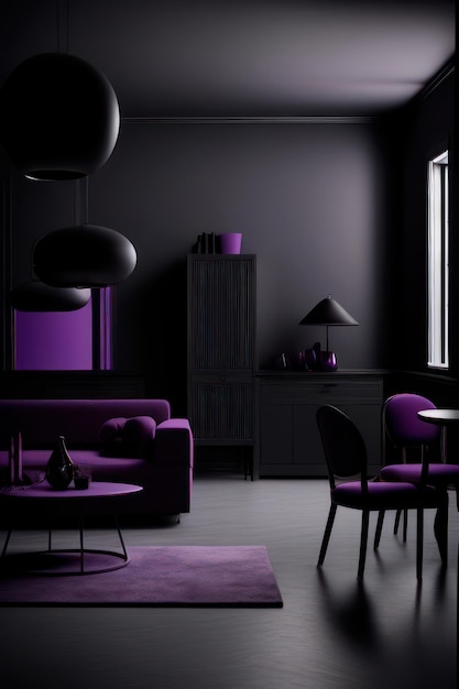 beau salon en noir et violet avec des meubles luxueux