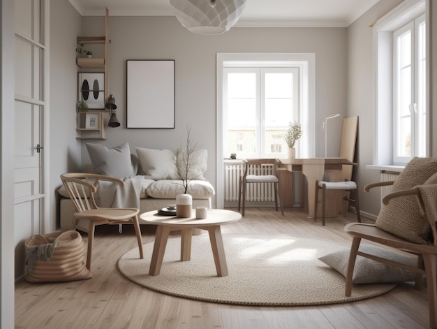 Beau salon scandinave beige cosy avec mobilier en bois Generative AI