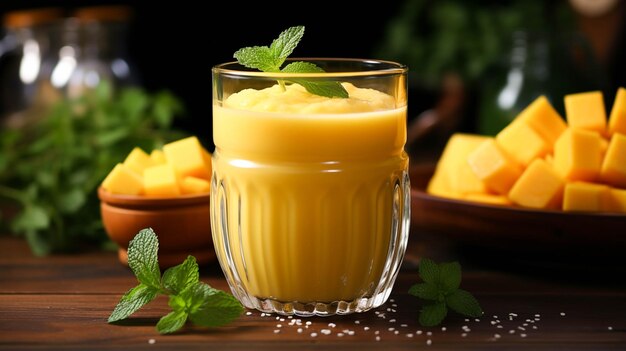 Beau smoothie au jus de mangue frais et délicieux dans une tasse en verre sur une table en bois