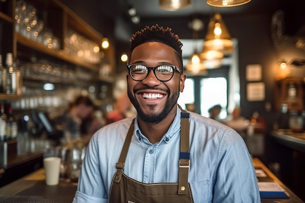 Beau et souriant jeune homme barman et barman dans un café-bar ou un café avec des lunettes