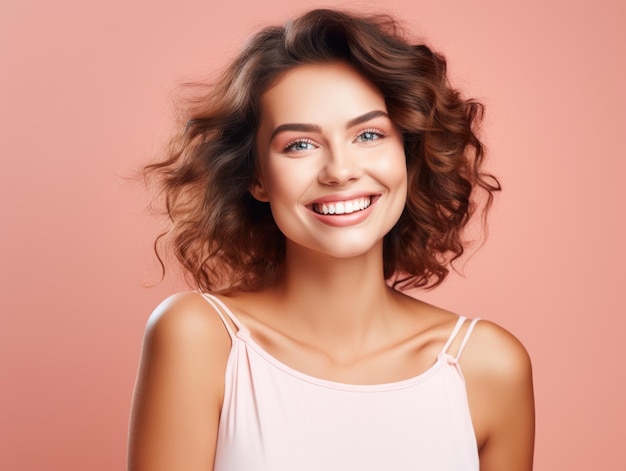 Le beau sourire large d'une femme en bonne santé, les dents blanches de près.