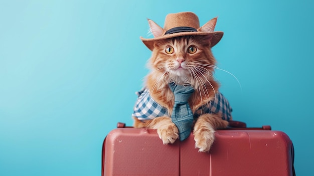 un beau sourire rouge chat écossais portant une chemise de touriste et un chapeau portant un grand génératif Ai