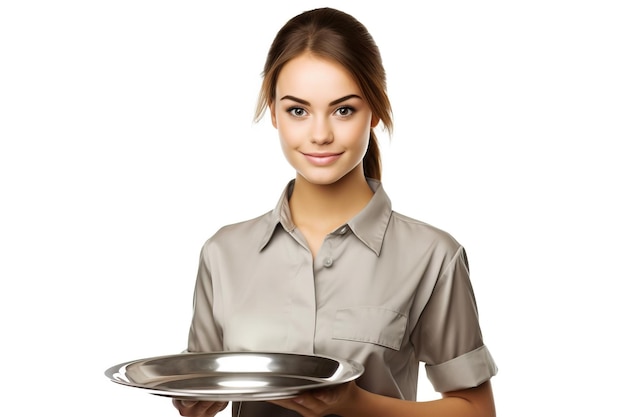 Beau sourire serveuse tenant une casserole vide fond blanc