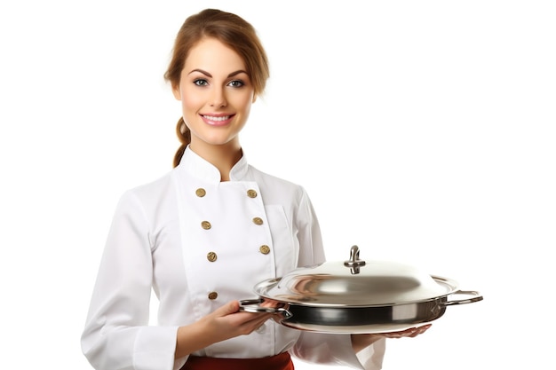 Beau sourire serveuse tenant une casserole vide fond blanc