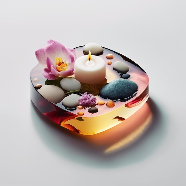 Beau spa relaxant avec bougie, pierres et fleurs