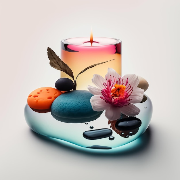 Beau spa relaxant avec bougie, pierres et fleurs