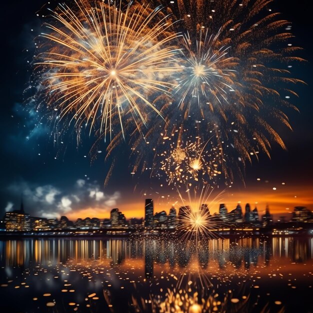 Beau spectacle de feux d'artifice colorés dans le ciel la nuit pour célébrer la fête du nouvel an et copier l'espace