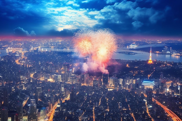 Beau spectacle de feux d'artifice avec paysage urbain la nuit pour célébrer la bonne année Feux d'artifice