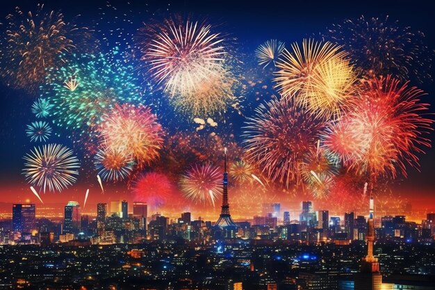 Beau spectacle de feux d'artifice avec paysage urbain la nuit pour célébrer la bonne année Feux d'artifice