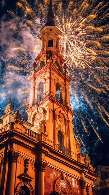 Beau spectacle de feux d'artifice avec paysage urbain la nuit pour célébrer la bonne année Feux d' artifice