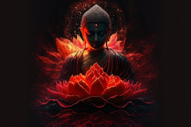 Beau spectre de lumière Buddha39s lumière clignotant Fleur de lotus jaune rouge vif brûlant des pétales nuageux entourés d'un chaos magique lumière fumée blanche tombant motif d'eau de lumière réfléchie