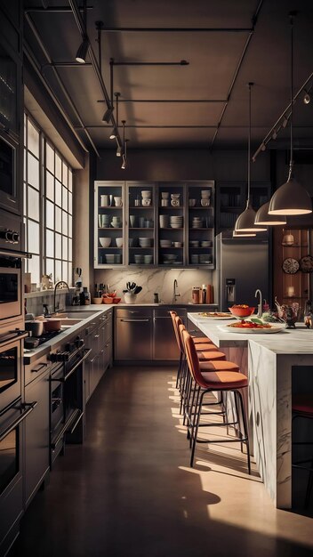 Un beau studio de cuisine à l'intérieur moderne