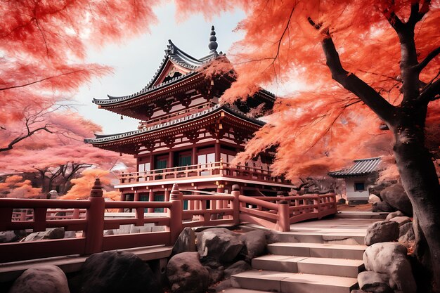Beau temple de daigoji avec des arbres et des feuilles colorés à l'automne