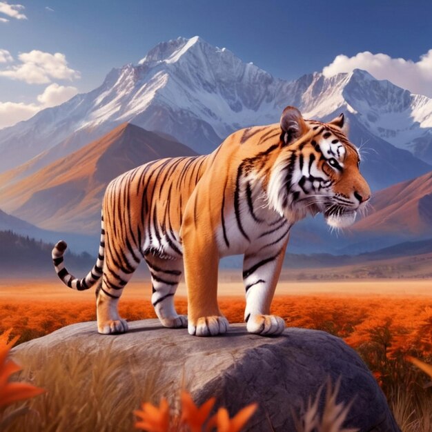 Un beau tigre de couleur orange se dresse dans un champ avec des montagnes