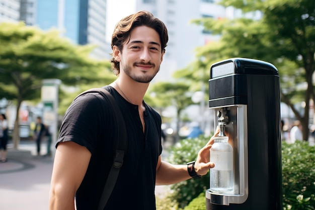 Un beau touriste masculin utilise une bouteille d'eau réutilisable au distributeur d'eau public Voyageur durable