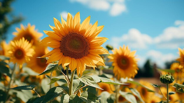 Un beau tournesol avec des feuilles vertes avec l'effet de la lumière du soleil derrière la fleur avec le ciel bleu