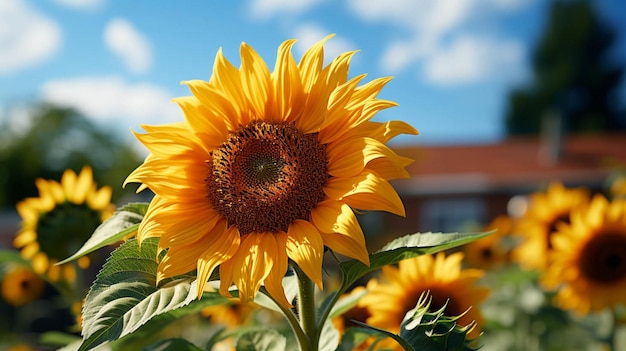 Un beau tournesol avec des feuilles vertes avec l'effet de la lumière du soleil derrière la fleur avec le ciel bleu