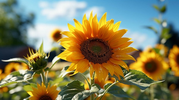 Un beau tournesol avec des feuilles vertes avec l'effet de la lumière du soleil derrière la fleur avec le ciel bleu