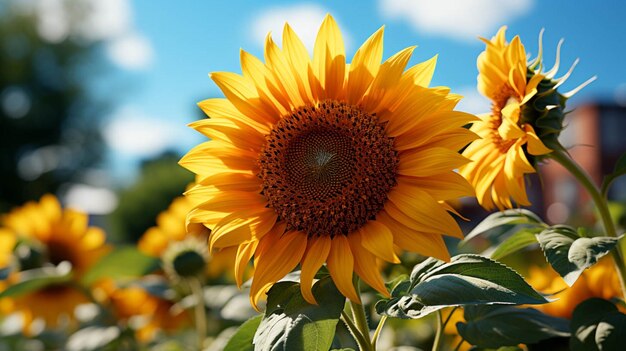 Un beau tournesol avec des feuilles vertes avec l'effet de la lumière du soleil derrière la fleur avec le ciel bleu