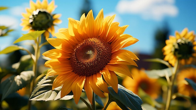 Un beau tournesol avec des feuilles vertes avec l'effet de la lumière du soleil derrière la fleur avec le ciel bleu