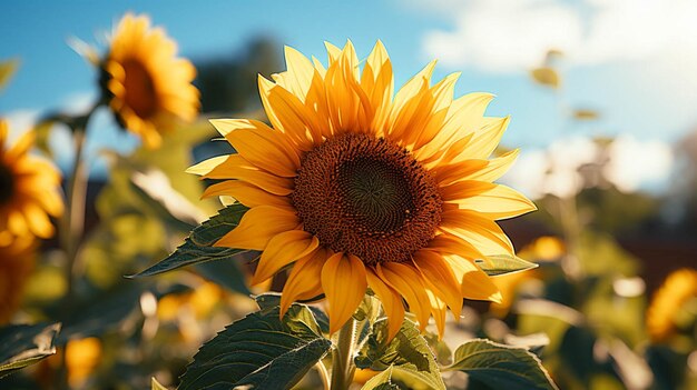 Un beau tournesol avec des feuilles vertes avec l'effet de la lumière du soleil derrière la fleur avec le ciel bleu