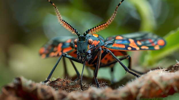 Photo un beau et unique insecte vert et orange est assis sur une feuille ses ailes ouvertes l'insecte a un long corps mince et grand