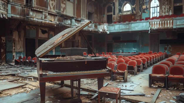 Photo un beau vieux piano est abandonné dans une salle de concert en ruines.