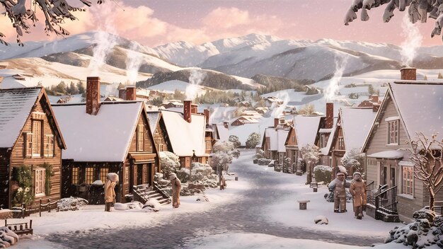 Beau village dans une montagne couverte de neige