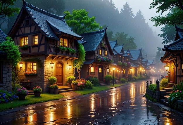 Un beau village fantastique dépeint un jour de pluie avec une architecture charmante et une ambiance magique