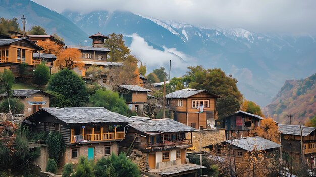 Un beau village de montagne avec des maisons traditionnelles en bois et des toits en ardoise