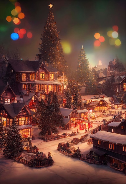 Un beau village de Noël dans les montagnes Maisons de paysage d'hiver avec des décorations de Noël