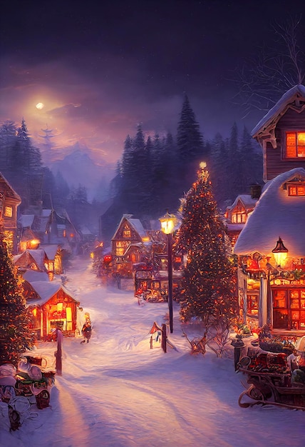 Un beau village de Noël dans les montagnes Maisons de paysage d'hiver avec des décorations de Noël