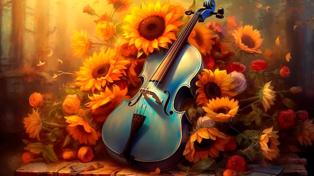 Le beau violoncelle est décoré d'un bouquet de tournesols Generative AI