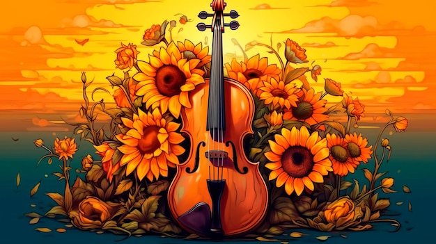 Le beau violoncelle est décoré d'un bouquet de tournesols Generative AI