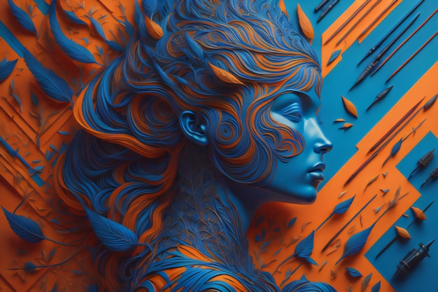 beau visage de femme avec les cheveux bleus et l'orange et le fond bleu génératif ai