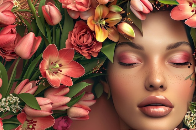 Beau visage de femme fait de fleurs Joyeux jour de la femme arrière-plan