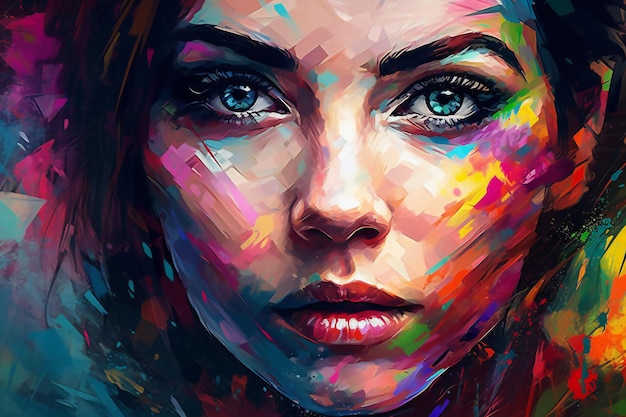 Beau visage de femme avec un fond coloré abstrait Peinture d'art numérique