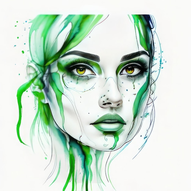 Beau visage de femme avec de la peinture verte sur fond blanc Peinture numérique
