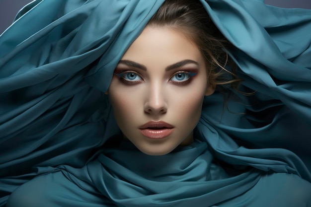 Beau visage de fille avec maquillage et peau bronzée par le soleil Belle femme enveloppée dans un tissu de soie