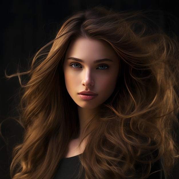 Beau visage d'une jeune femme aux longs cheveux bruns soufflant sur fond noir IA générative