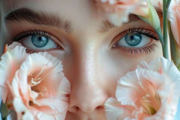 Un beau visage tenant des fleurs de gladiolus