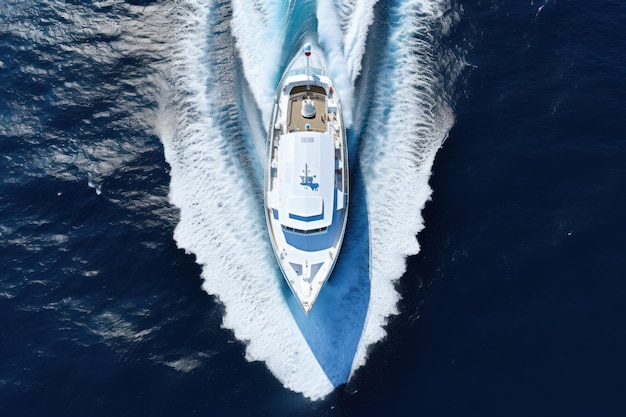 Photo un beau yacht blanc moderne navigue sur la mer bleue et l'océan laissant une traînée de vagues vue de dessus