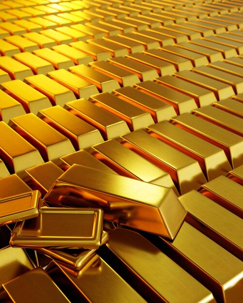 Photo beaucoup de barres d'or sont disposées et disposées dans une rangée transmet les lignes d'affaires et l'or ou les marchés boursiers et le luxe 3d rendering